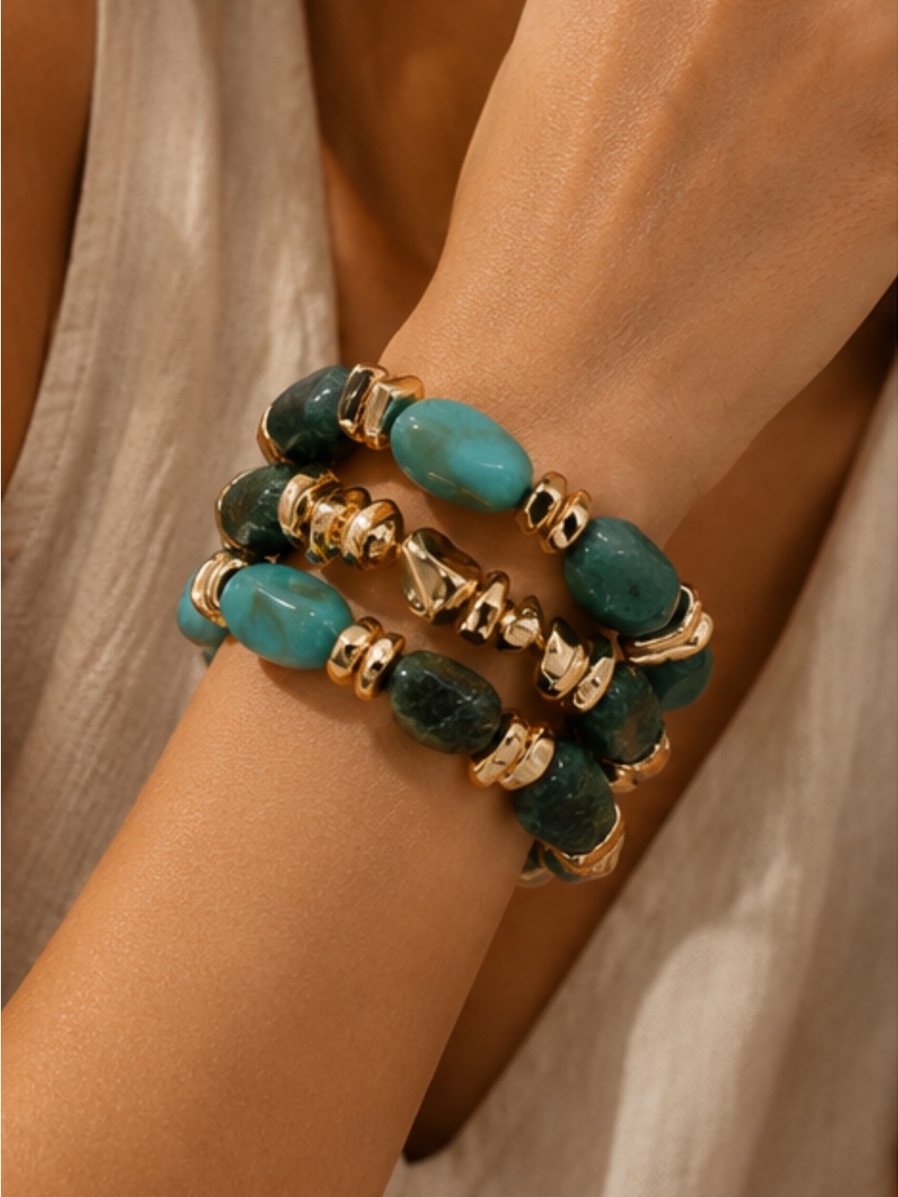 Gold & Turquoise Bead Stretch Bracelet Set - Women's Jewelry